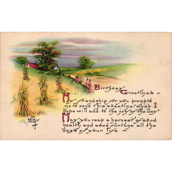 Vintage Birthday Postcard Harvest Scene By Kathryn Elliott 1917 Mailed - Picture 1 of 2